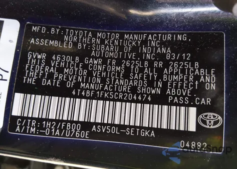 2012 Toyota Camry Xle z USA, uszkodzony, nr VIN 4T4BF1FK5CR204474